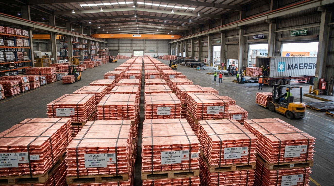 Grade A Copper Cathodes warehouse stacked pallets in Lubumbashi Katanga DRC
