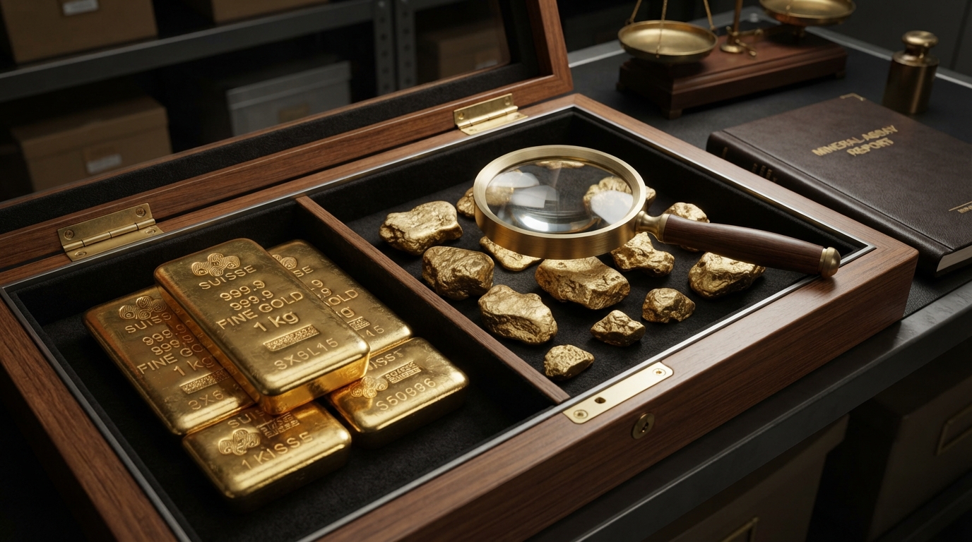 High-end luxury precious metals showcase of investment-grade gold bullion bars, refined silver ingots, and platinum sponge