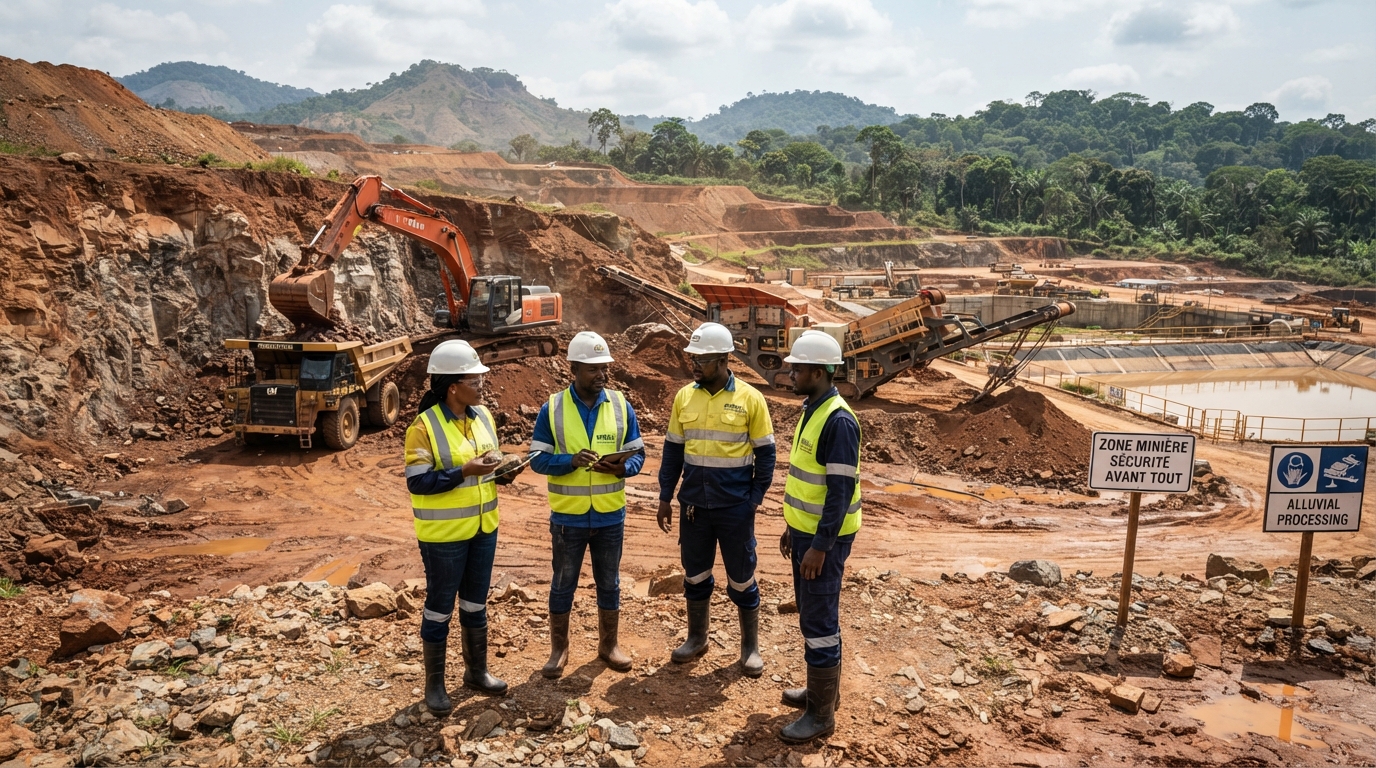 Professional Congolese miners and engineers in high-visibility vests mining alluvial and hard-rock gold deposits in legitimate DRC concession