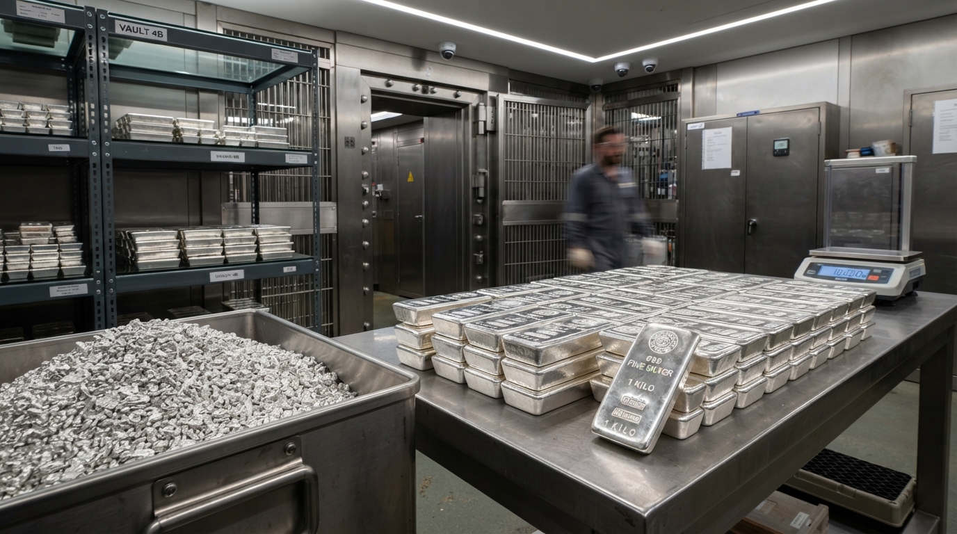 Pure Refined Silver bars and pure industrial granules stacked in refinery