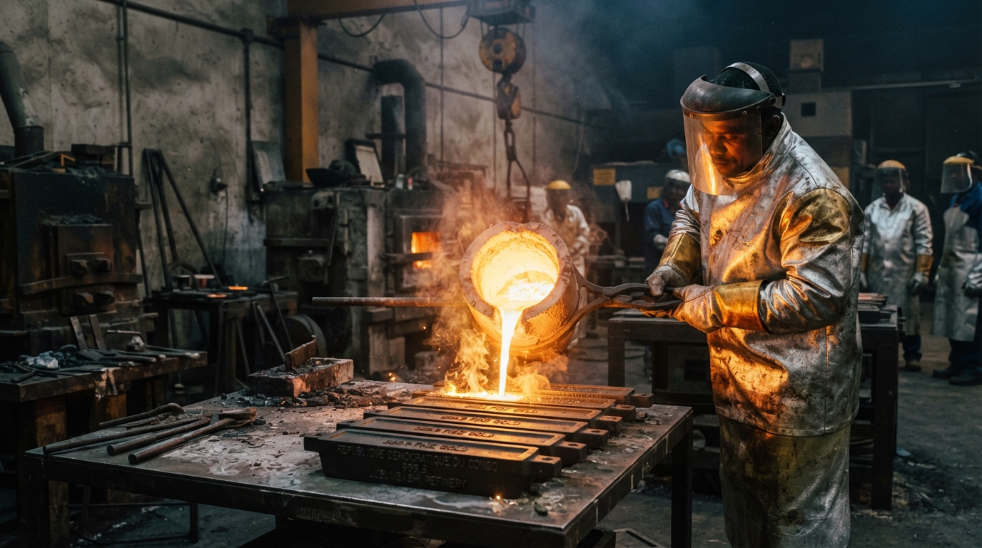 Industrial high-temperature gold smelting and pouring in DRC metallurgical laboratory